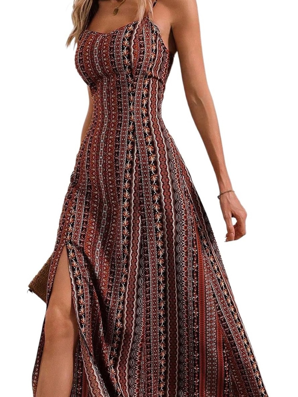Bohemian Rust Striped Dress with Side Slit